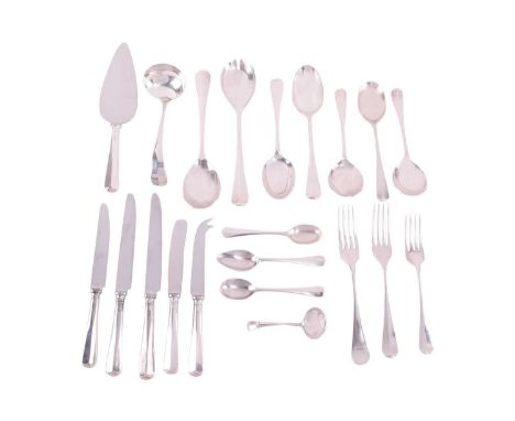 A matched collection of silver Hanoverian Rattail pattern flatware comprising, a sauce ladle, two teaspoons, a grapefruit spo