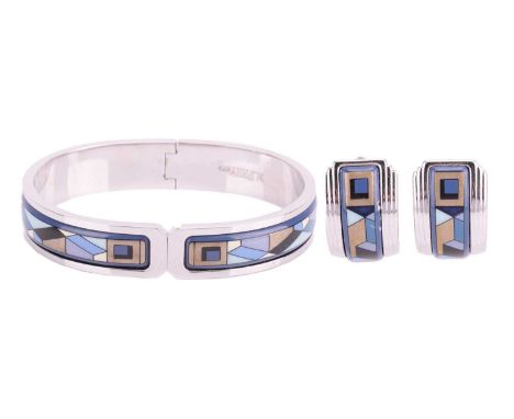 A Michaela Frey enamel hinged bracelet and matching earrings, the bangle with Art Deco style enamel decoration and maker's ma