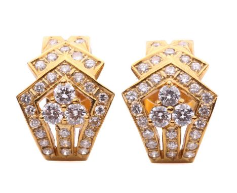 A pair of diamond earrings, set with round brilliant cut diamonds in a geometric abstract design, the pair with a total estim