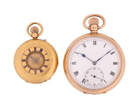 A 9ct gold open-face pocket watch paired with an 18ct gold half-hunter fob watch. The open-face pocket watch features a keyle