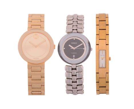 A collection of three lady's watches comprising a Rado Florence in stainless steel, a Gucci ref. 4600L, and a Movado Bold, al