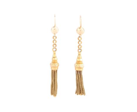 A pair of Edwardian tassel earrings, each consisting of a cone cap with a geometric design, foxtail chains suspending below, 