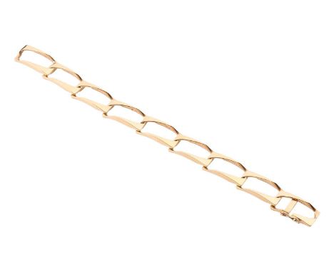 A modernist geometric link bracelet, with nine rectangular links fastened by a figure-of-eight clasp, yellow metal marked '18