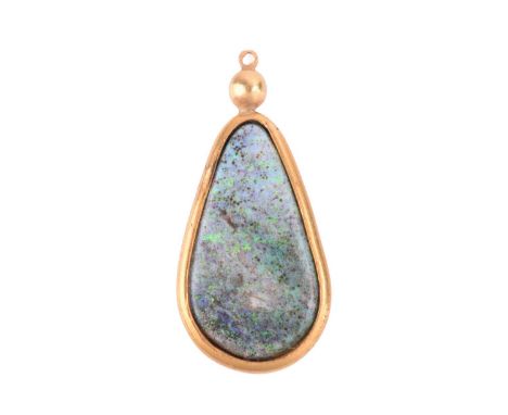 A matrix opal pendant, comprising a pear-shaped matrix opal displaying play-of-colour ranging from green to purple on a grey-
