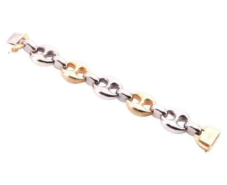A bi-coloured anchor link bracelet, hinged chunky links alternating with white and yellow metal with different finishings, fa