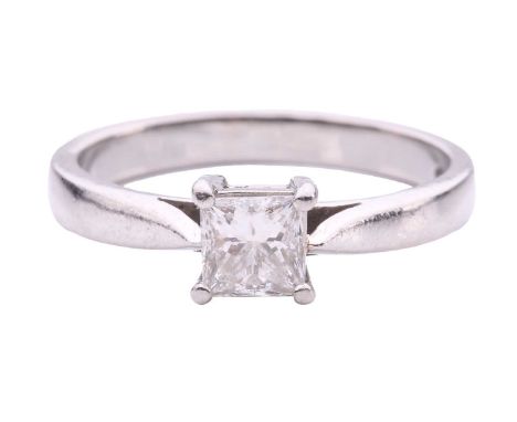 A princess-cut diamond solitaire ring in platinum, claw-set with a princess-cut diamond of 4.3 x 4.4 x 3.1 mm, with an estima