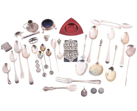 A mixed collection of silver and white metal comprising silver nurse buckle, two silver apostle spoons, a mixed collection of