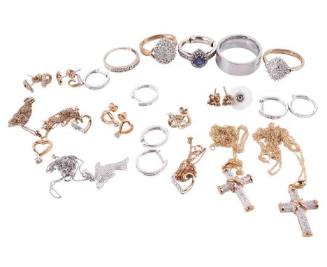 A collection of jewellery items comprising diamond set earrings, pendants and rings; includes a sapphire and diamond pear hal