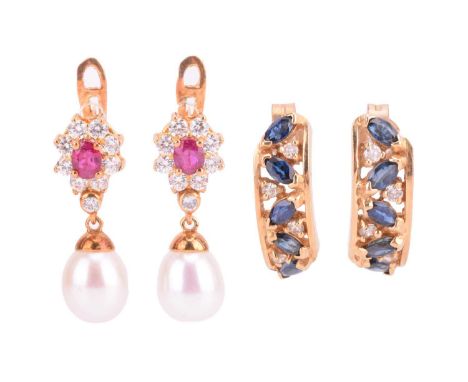 Two pairs of gem-set earrings; including a pair of hoop-style stud earrings, set with marquise-cut sapphires and brilliant-cu
