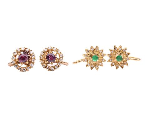 Two pairs of gem-set cluster earrings; the first pair centred with a circular-cut glass-filled ruby in a decorative triple-cl