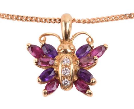 A gem-set butterfly pendant on chain, the wings are constructed by marquise-cut rhodolite garnets, amethyst and rubies, highl