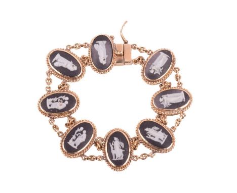 A Wedgwood jasperware link bracelet, the oval black basalt jasperware cameo panels with Neoclassical motifs set in a twisted 