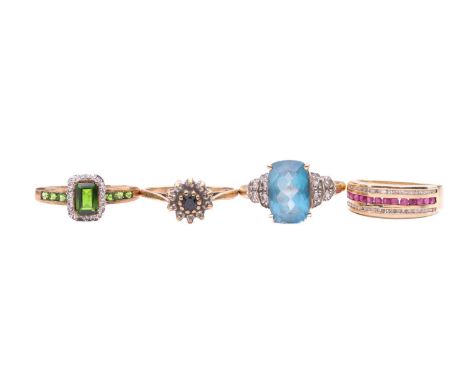 Four gem-set dress rings; comprising a ruby and diamond half hoop ring, channel set with a row of rubies between rows of sing
