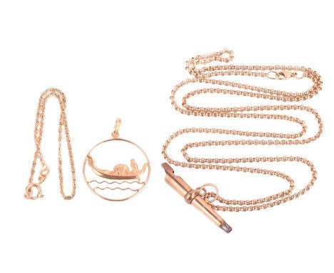 A pendant, a whistle watch winding key on a chain and a bracelet; the openwork pendant of a Venetian gondolier in a circular 