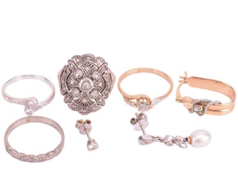 A collection of jewellery, including a diamond dress ring set with old cut and rose cut diamonds in an open cluster in white 