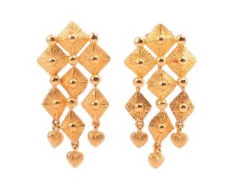 A pair of high-carat pendant earrings of geometric design, consisting of squares with sunburst motifs and beading details, su
