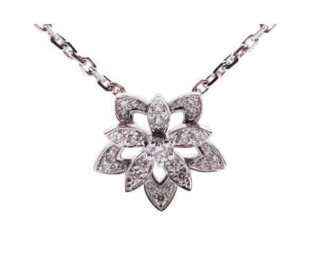 Van Cleef & Arpels - a diamond-set lotus openwork pendant on chain, mini model, flowerhead motif set with round brilliant-cut