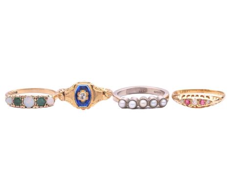 A collection of four gem-set rings, including a diamond and ruby five-stone ring with hallmarks for 18ct gold, ring size Q, a