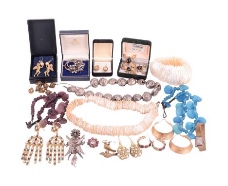 A collection of costume jewellery; including examples of a zoomorphic brooch by Mexican designer Salvador Terán, a mother-of-