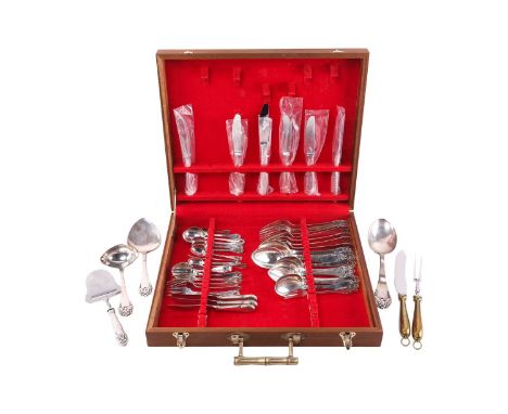 A Danish Christian F. Heise canteen comprising six dessert spoons, six table forks, three serving spoons, six coffee spoons, 