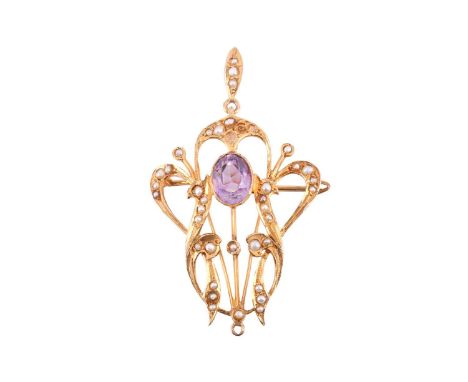 An amethyst and seed pearl pendant brooch, the scrolled openwork mount is embellished with seed pearls and centred with an ov