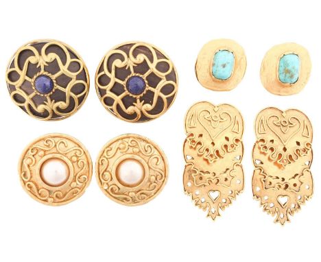 Four pairs of gilt clip-on earrings; to include a pair of Goossens imitation turquoise earrings, signed and marked '925', 3.0