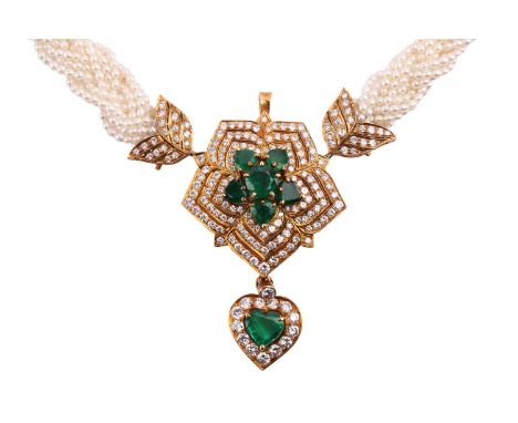 An emerald, diamond and seed pearl necklace, featuring a convertible floral and heart shape pendant/brooch, the largest emera