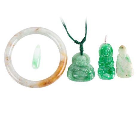 A Chinese jade bangle and other four carved pendants; including a closed bangle carved from greyish-green and brown jade, inn