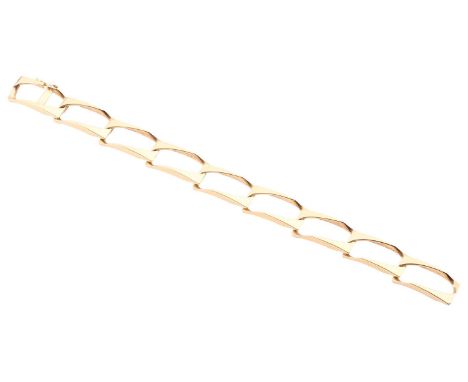 A modernist geometric link bracelet, with nine rectangular links fastened by a figure-of-eight clasp, yellow metal marked '18