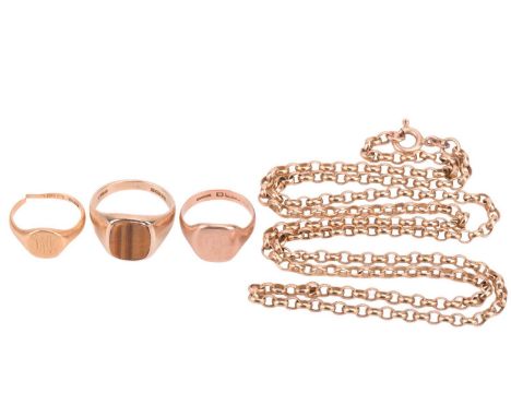 Three gold signet rings and a belcher chain; includes a square head signet ring in 9ct yellow gold, stamped with maker's mark