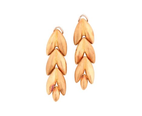 A pair of drop earrings of wheat ear design, articulated chevron links fitted with ear post and omega clip, yellow metal stam