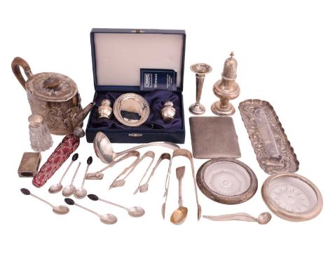 A collection of assorted silver items comprising a silver bachelor's teapot with fruitwood knop and handle, a silver baluster