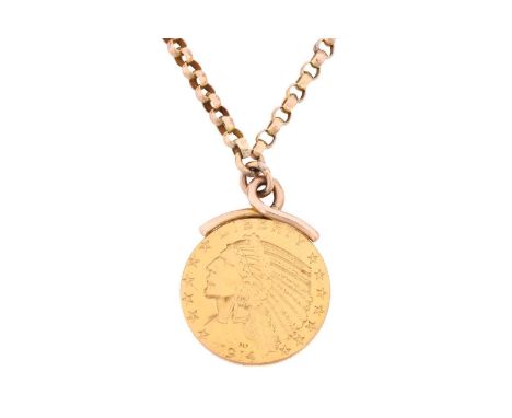 An American Indian Head 5 dollars 'Half Eagle' pendant on chain, dated 1914, soldered to a pendant surmount and dangling on a