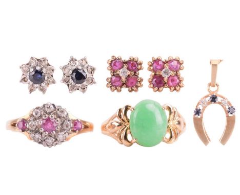 A small collection of gold jewellery items; including a jadeite dress ring in 14ct gold, size M; a ruby and diamond cluster r