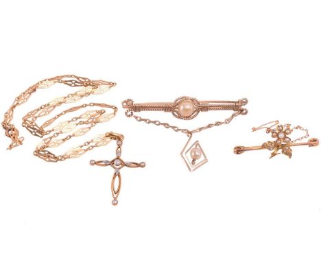 A cross pendant on a chain and two bar brooches; the openwork cross pendant with millegrain details embellished with seed pea