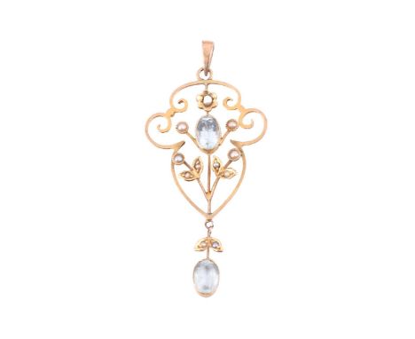 An aquamarine and seed pearl pendant, the openwork mount in floral design adorned with seed pearls, set with an oval-cut aqua