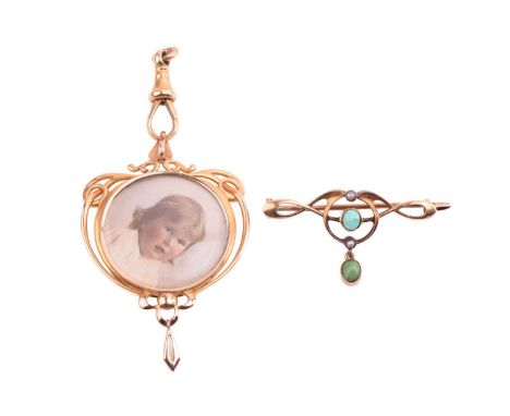 A bar brooch and locket; the Art Nouveau turquoise and seed pearl bar brooch measuring 41mm in length, and an Art Nouveau sty