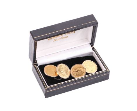 A pair of Queen Victoria half sovereign cufflinks, comprising two 1892 jubilee head half sovereigns, an 1846 and an 1863 youn