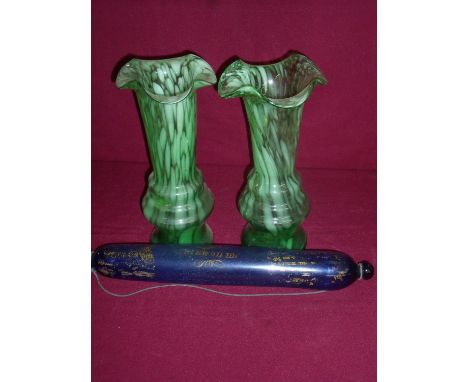 Pair of 19th C green glass flared rim vases with pontil marks to the base (34cm high) and a 19th C blown blue glass rolling p