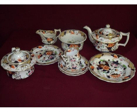 Victorian part tea/dinner service comprising of teapot, tureen, two cups &amp; saucers, side plates etc with blue &amp; gilt 