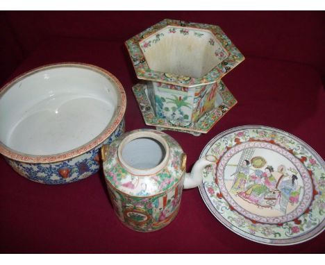 Selection of 19th/20th C Canton Famille rose ceramics including jardinière, teapot, side plate and blue round circular jardin