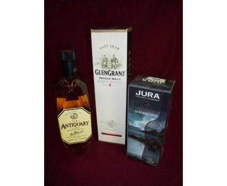 Boxed 35cl Dura Single Malt Scotch Whisky Superstition, a unboxed Antiquary 70cl Whisky and a boxed Glen Grants 70cl Single M