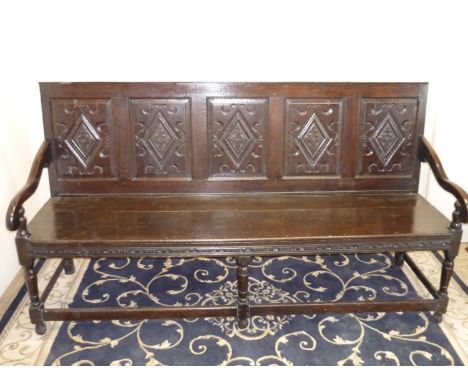 19th C carved oak five panelled back hall bench on turned supports (width 184cm) 