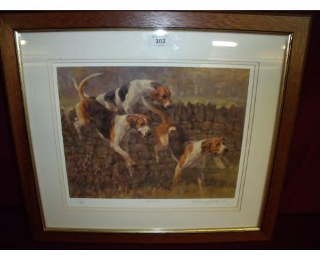 Signed limited edition print of hunting dogs titled 'Absolute Joy' 159/395 by Frederick Haycock (33cm x 25cm) 