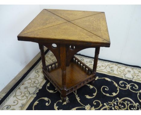 Edwardian light oak square top butterfly envelope two tier occasional table on fluted and turned supports (61cm x 61cm x 70cm