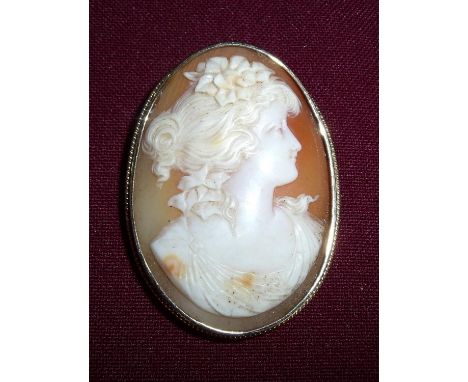 Ladies oval cameo brooch in yellow metal mounts with safety chain depicting head &amp; shoulder portrait of a young lady 
