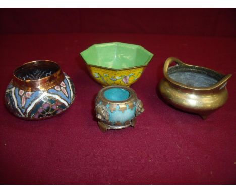 Small brass oriental twin handled sensor with signature panel to the base, a brass and enamel pot, a yellow cloisonné ware bo