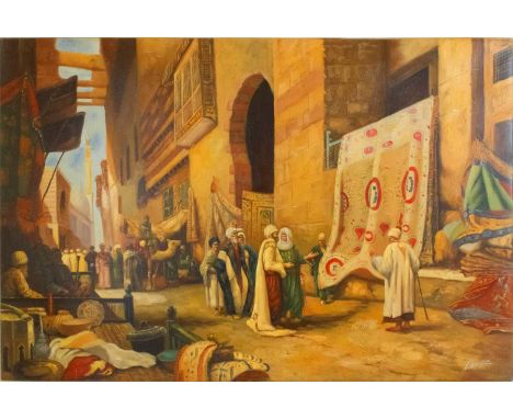 This Orientalist painting shows a traditional market street. In the scene there is a tapestry vendor showing his ware to some