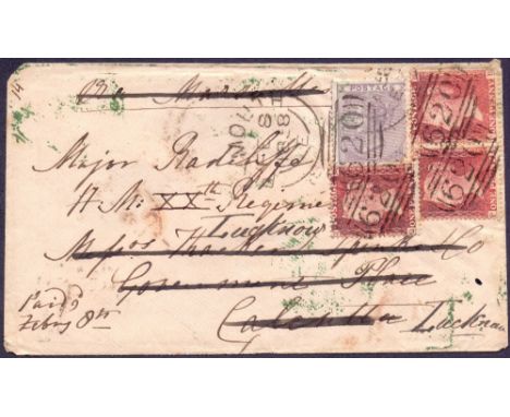 GREAT BRITAIN STAMPS : 1858 envelope franked with three 1d reds & a 6d lilac, postmarked Plymouth and addressed to Major Radc