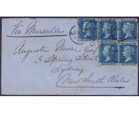 GREAT BRITAIN STAMPS : 1870 envelope franked with five 2d blues (plate 13), postmarked London & addressed to Sydney, N.S.W.. 